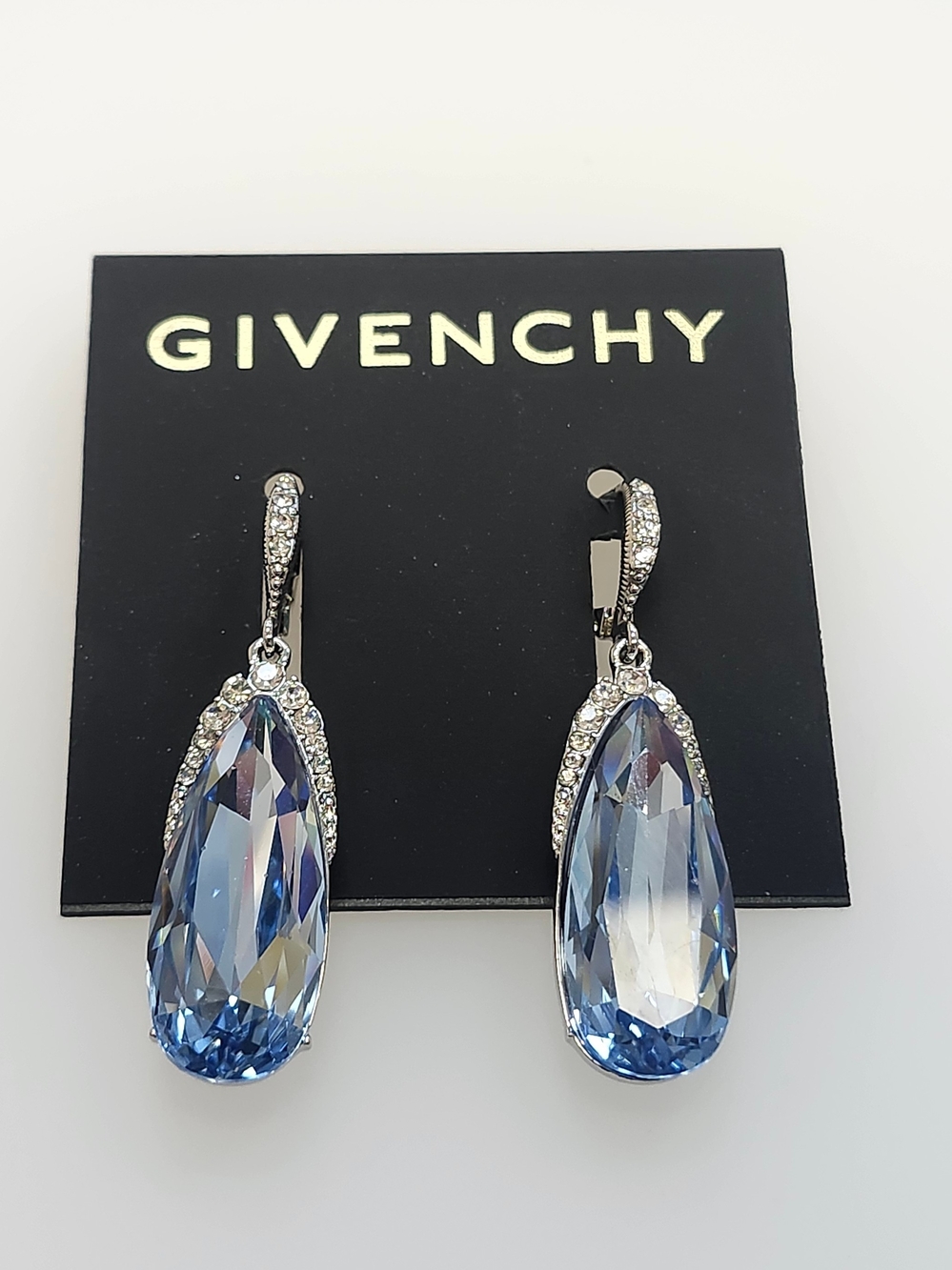 NWT Givenchy Silver-Tone Aqua Crystal Pear Shape Charm Hoop Earrings***DEFECT***